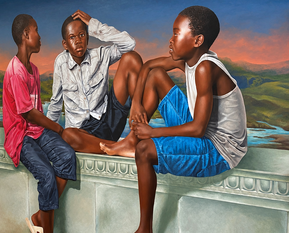 To Dream is to Hope — a painting by Cyril France of three boys seated on a stone balustrade before a wide landscape